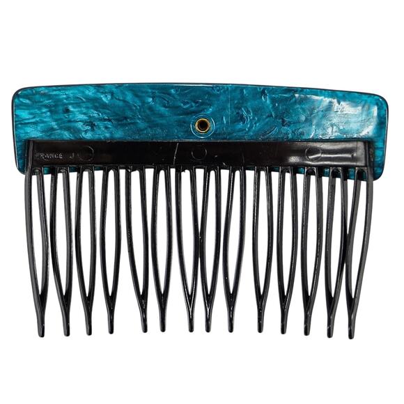 Vintage 30s–50s French Hair Comb Teal Marbled Acetate Applied Filigree - Picture 4 of 7